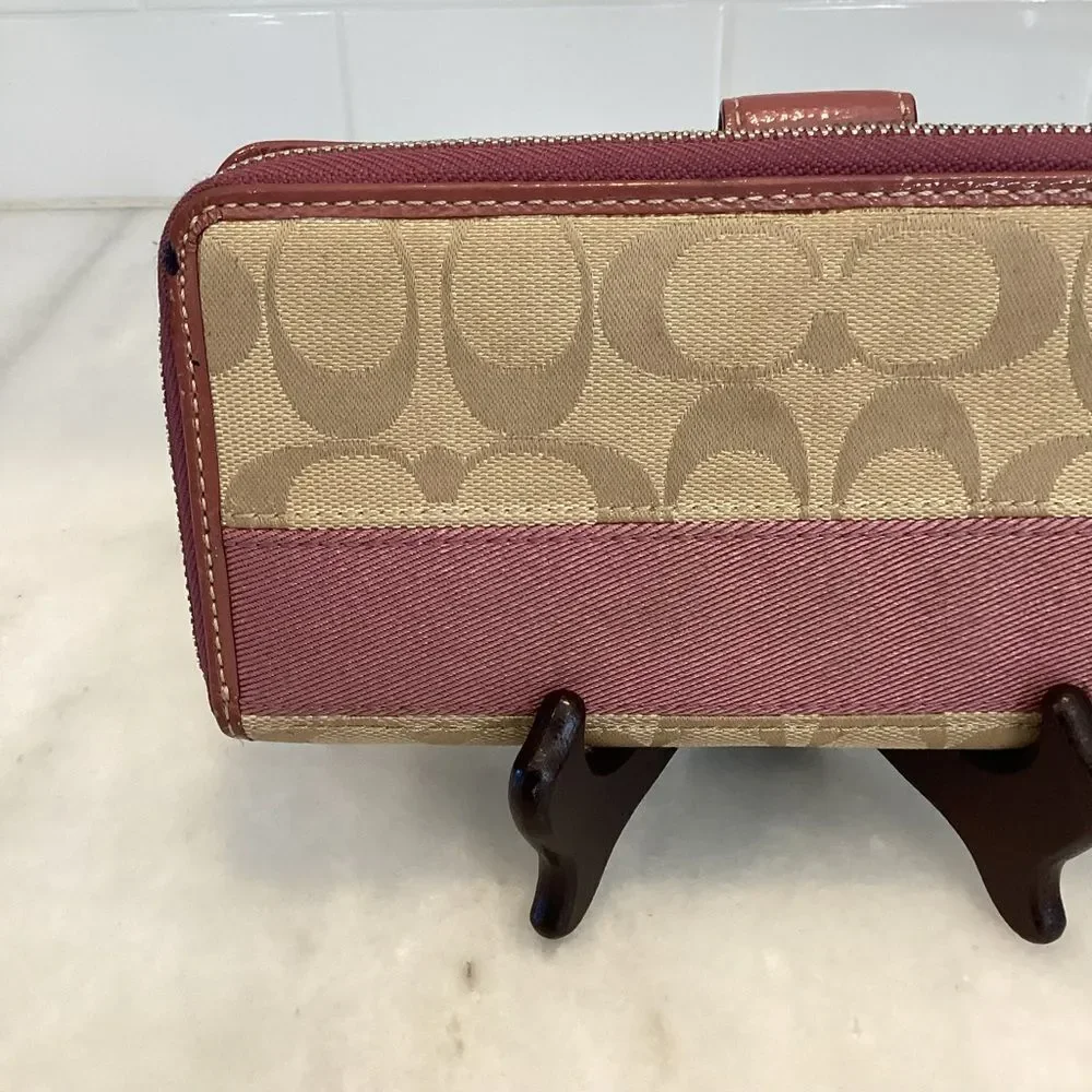 Coach Wallet Canvas Pink Tan Jacquard Signature Stripe Logo Full Sized Wallet